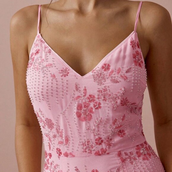 Pink Elegant Womens Romantic V-Neck Suspender Maxi Dress - Picture 3 of 7